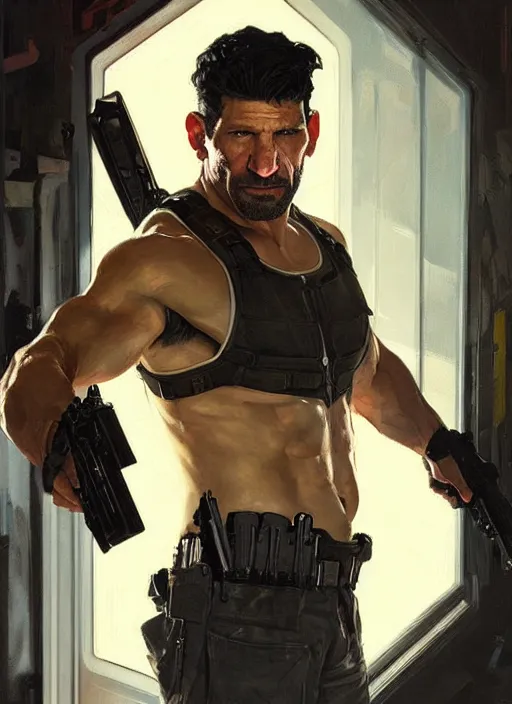 Prompt: jon bernthal as the punisher, painting by artgerm and greg rutkowski and alphonse mucha