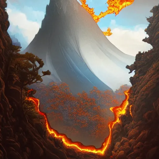 Image similar to a mountain range with a lava tiver flowing through it by akihito tsukushi, backlight, rim lighting, deep focus, d & d, fantasy, intricate, elegant, highly detailed, digital painting, artstation, concept art, matte, centered, sharp focus, illustration, hearthstone, art by artgerm, greg rutkowski and alphonse mucha