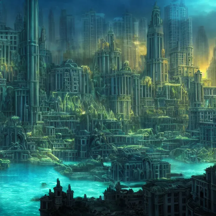 Image similar to hyper realistic, high detail photo of city of atlantis, underwater, lights on buildings, beautiful, dreary lighting