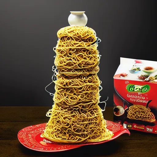 Prompt: indomie mi goreng noodles tower, marketplace, solarpunk, photo realistic, gourmet