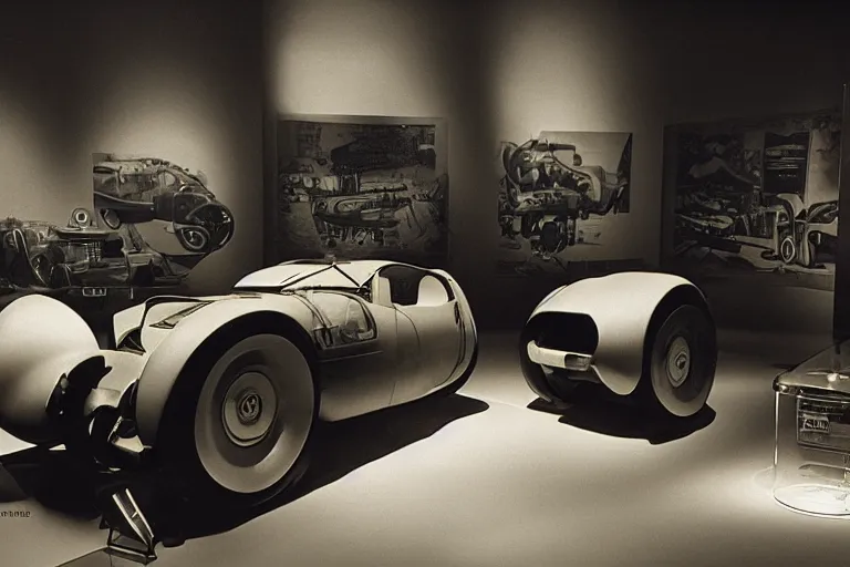 Prompt: cyberpunk 1 9 2 6 bugatti type 3 5, volumetric lighting, in a museum, museum exhibit, museum lighting, 9 0 s film photo