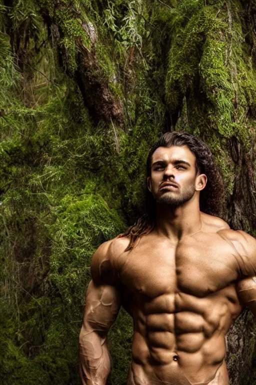 Prompt: portrait of a muscular man, chiseled features, beautiful flowing brown curly hair, mythological, god of nature, defined muscles, artsy photography, film photo, 4 k, model posing, deep tan skin, trending on artstation, fashion photography, yellow eyes, overgrown background, dryad, verdant forest
