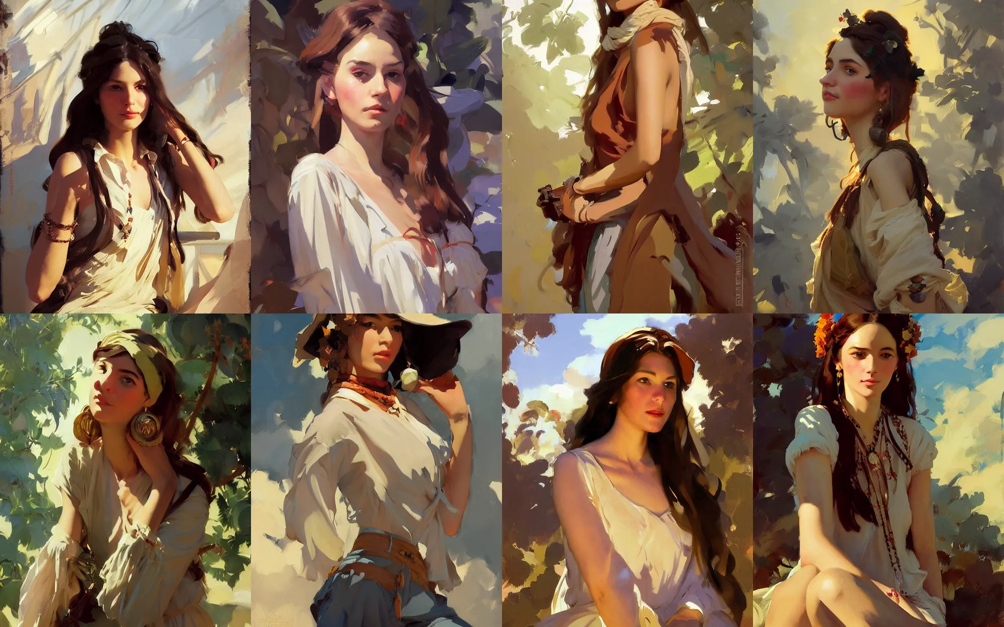 Prompt: portrait of vintage hippie boho russian iranian model girl traveler greg manchess painting by sargent and leyendecker, studio ghibli, fantasy, medium shot, asymmetrical, intricate, elegant, matte painting, illustration, hearthstone, by greg rutkowski, by greg tocchini, by james gilleard, by joe fenton