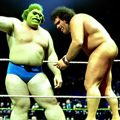 Prompt: shrek vs andre the giant at wrestlemania 8