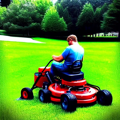 Prompt: “ john deer color lawn mower with eyes and a hand at the end of its pull cord, rolling a cigarette filled with grass. pile of cut grass on the ground pouring out of a lawn mower bag next to him ”