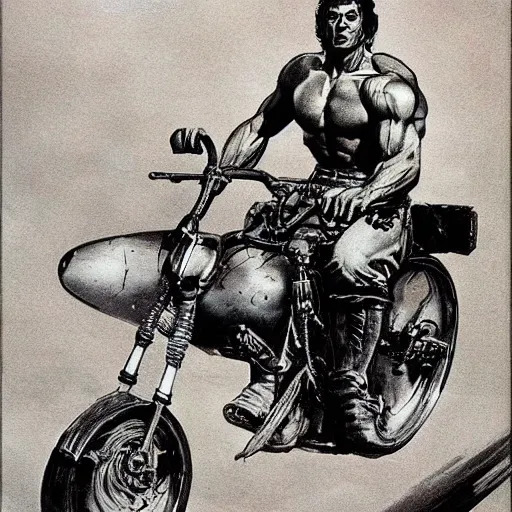 Image similar to into glory ride, artwork by Frank Frazetta, motorcycle, muscular warrior holding sword