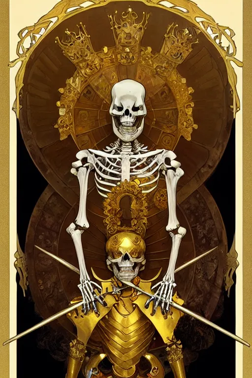 Prompt: A skeleton wearing golden mask, fantasy, crown, painting by greg rutkowski and alphonse mucha