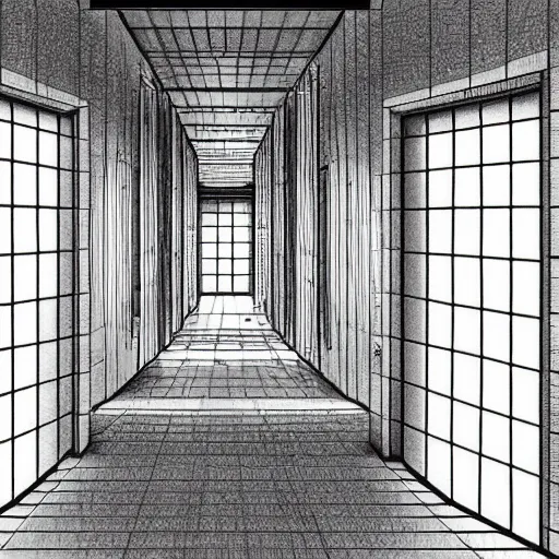 Image similar to “the inside of a huge white building with with many doors and stairs, confusing, clean geometric shapes, creepy, doors, strange dimensions, anime style, detailed background, horror anime”