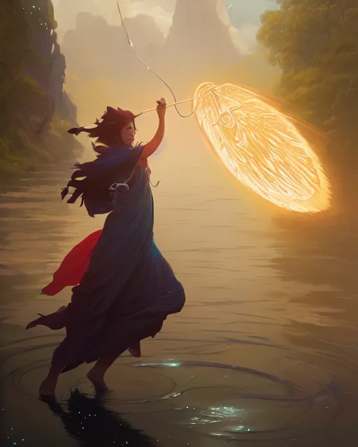 Image similar to highly detailed vfx portrait of a mage casting a water spell, unreal engine, greg rutkowski, loish, rhads, beeple, makoto shinkai and lois van baarle, ilya kuvshinov, rossdraws, tom bagshaw, alphonse mucha, global illumination, detailed and intricate environment