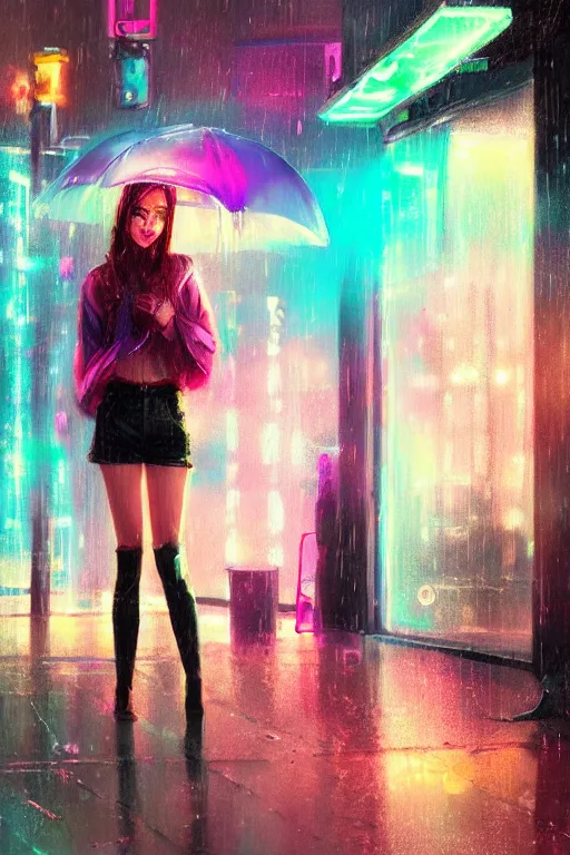 Prompt: cute girl in the rain, neon lights, by wlop, concept art, poster