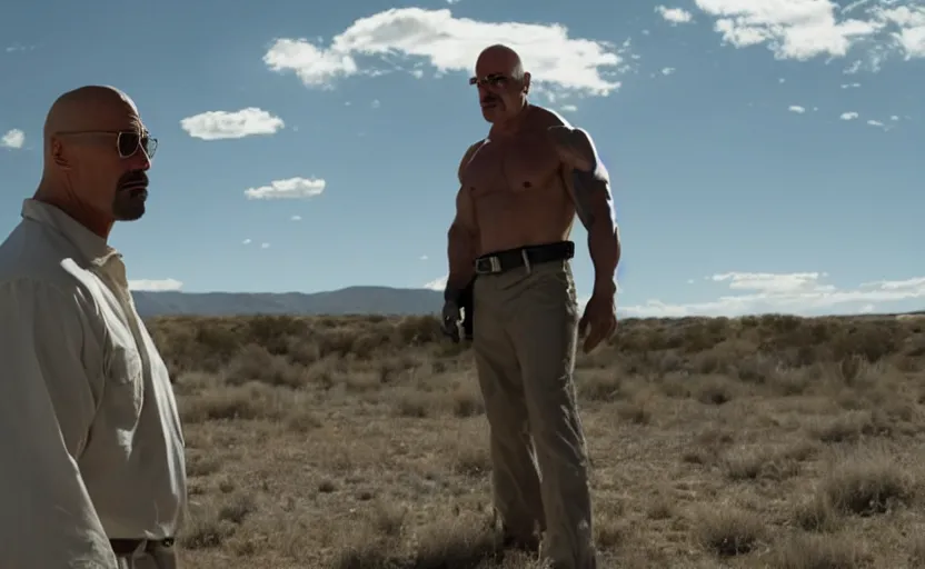 Image similar to Dwayne The Rock Johnson as Walter White in 'Breaking Bad' (2012), movie still frame, oscar nominated cinematography, volumetric lighting, 8k resolution, beautiful composition