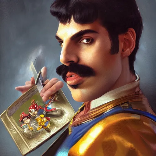 Image similar to portrait of freddie mercury playing super mario, fantasy, intricate, elegant, highly detailed, digital painting, artstation, concept art, matte, sharp focus, illustration, art by aenaluck and roberto ferri and greg rutkowski, epic fantasy, digital painting