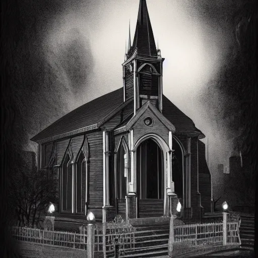 Image similar to victorian church in the middle of the city, dark, misty, at night, 8 k, detailed, concept art, trending on artstation