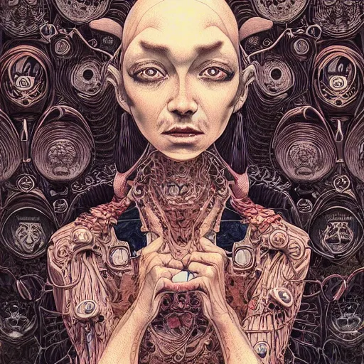 Image similar to portrait painted in jacek yerka style drawn by vania zouravliov and takato yamamoto, inspired by cyberpunk, intricate acrylic gouache painting, high detail, sharp high detail, artstation