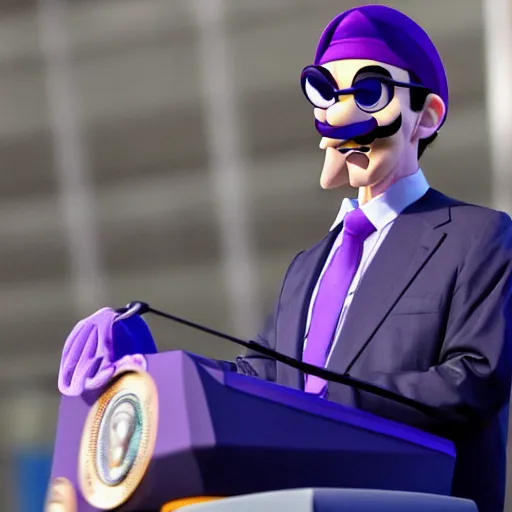 Prompt: president waluigi, real, 2 0 1 7, still, photograph, photo, speech