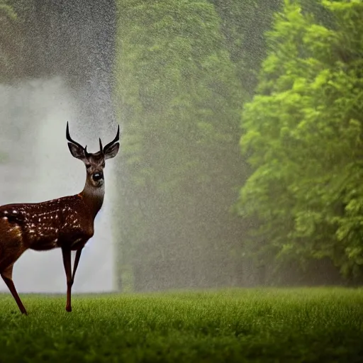 Image similar to 4 k hdr wide angle detailed portrait of a deer as a human instagram model soaking wet standing in the rain shower during a storm with thunder clouds overhead and moody stormy lighting sony a 7