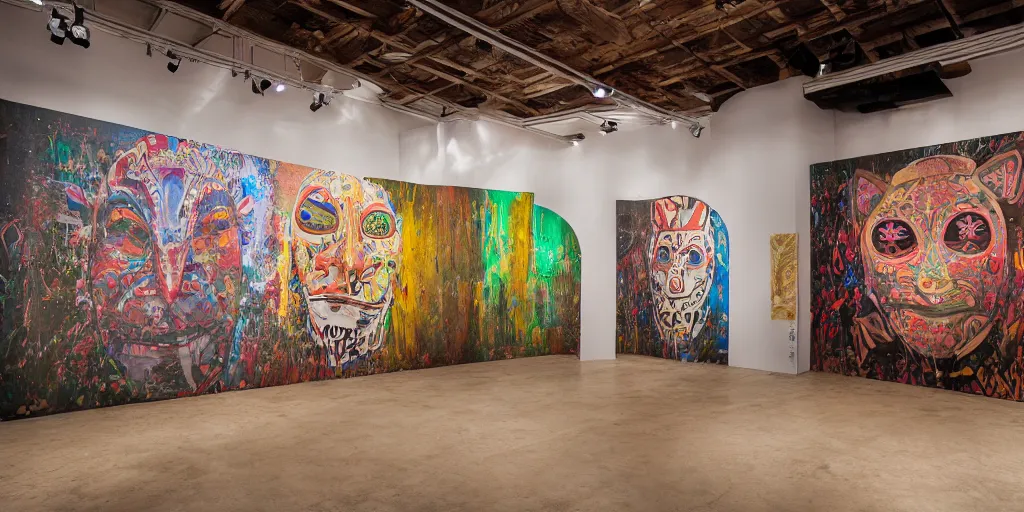 Prompt: A hyper realistic photography of an exhibition space with indigenous masks and dripping colors on the wall