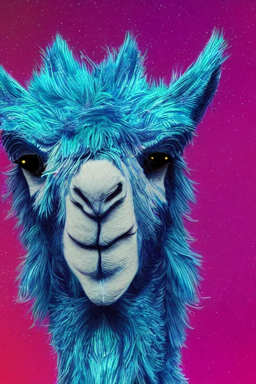 Prompt: vivid 3D animated designscapes with bursts of radiant particles–building an ethereal llama portrait, professional concept art, trending on artstation, geometric llama