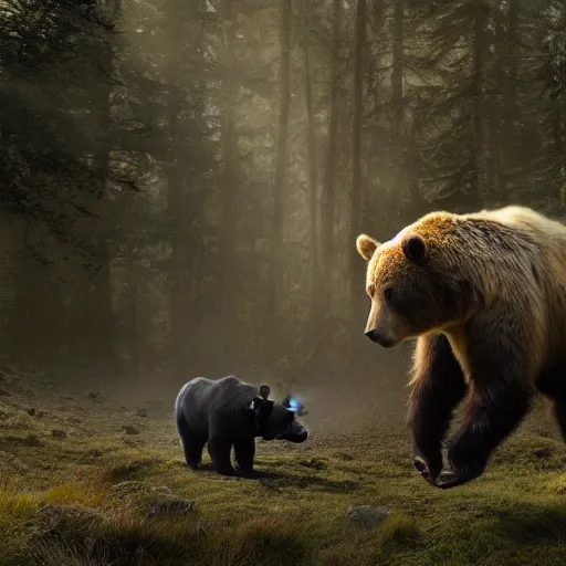 Image similar to a bear fighting a bull, magical forest, fantasy, Ireland, England, king Arthur, Lord of the rings, cinematic, realistic style, beautiful, majestic, dramatic lighting, early morning, dawn CGsociety, realistic, hyper maximalist, golden ratio, octane render, rule of thirds, wide shot , 8k resolution, epic volumetric light, cinematography, concept art, Artstation trending, environments, fantasy