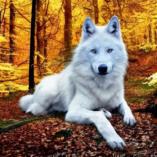 Image similar to white wolf with blue eyes, in the autumn forest, realistic, 8 к, fullbody photo