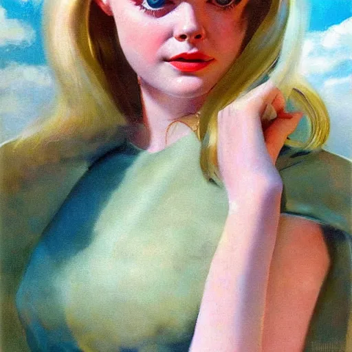 Image similar to ultra realistic portrait painting of elle fanning in a 6 0 s ad, art by frank frazetta, 4 k, ultra realistic, highly detailed, epic lighting