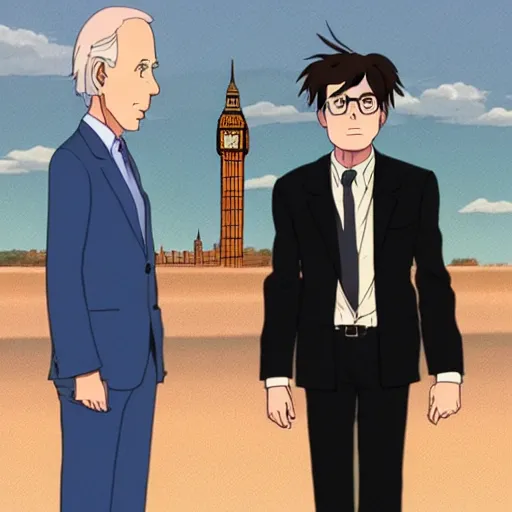 Image similar to The Tenth Doctor standing next to Joe Biden looking at Big Ben, Studio Ghibli