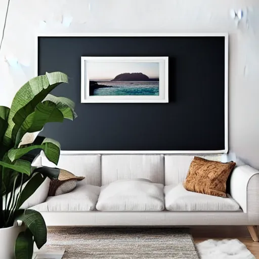 Prompt: a minimalist mockup photo with large rectangular blank frame, in a cozy coastal style home interior, light boho colors, trending on pinterest