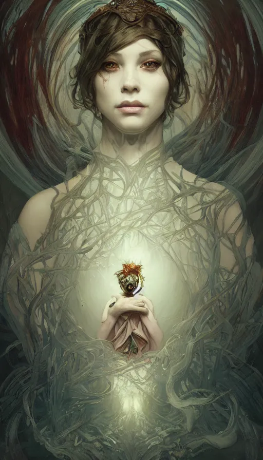 Image similar to dark twisted fairytale, masterpiece, fibonacci, sweat drops, insane, horror, intricate, highly detailed, digital painting, artstation, concept art, smooth, sharp focus, illustration, Unreal Engine 5, 8K, art by artgerm and greg rutkowski and alphonse mucha