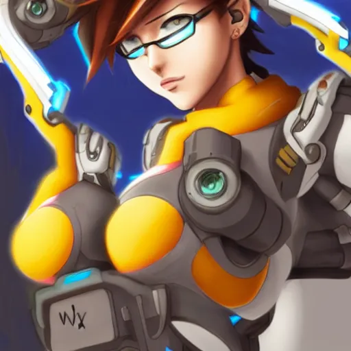 Image similar to tracer from overwatch r 3 4 h e n t a i, trending on pixiv