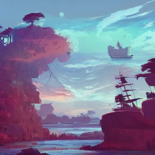 Image similar to Landscape of Pirates island and a pirate boat by Makoto Shinkai and James gilleard Eiichirō Oda
