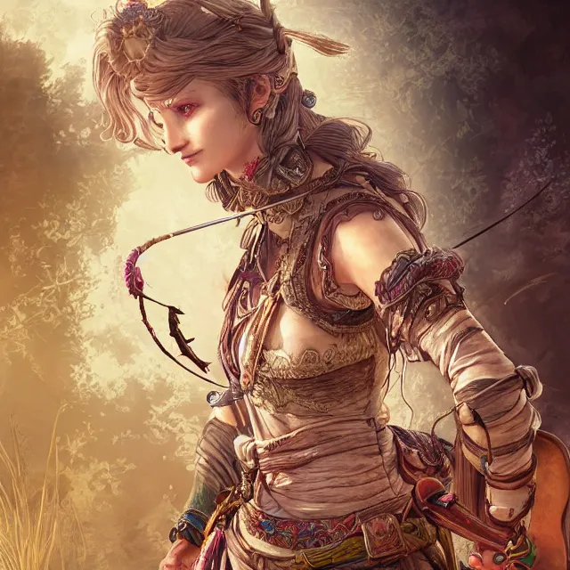 Image similar to the portrait of lawful neutral semi - colorful female archer huntress as absurdly beautiful, gorgeous, elegant, young girl, an ultrafine hyperdetailed illustration by kim jung gi, irakli nadar, intricate linework, bright colors, octopath traveler, final fantasy, unreal engine 5 highly rendered, global illumination, radiant light, detailed and intricate environment