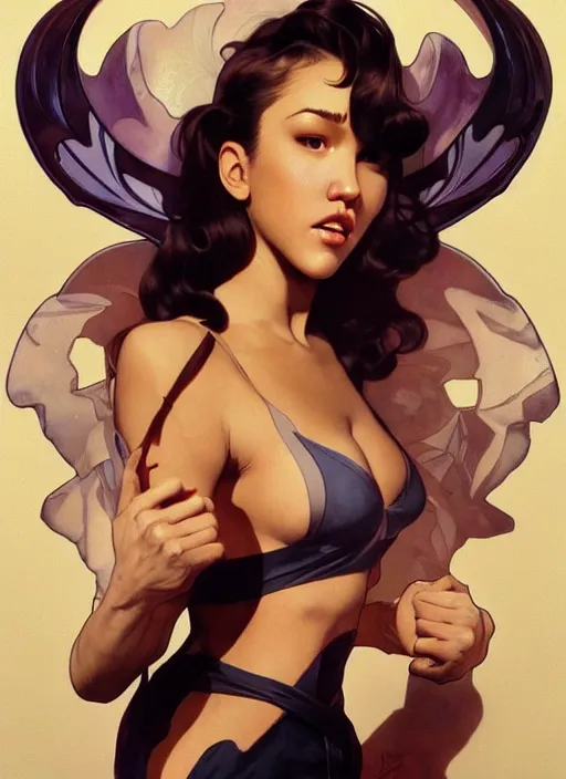 Image similar to intense fan art concept art by artgerm, tooth wu, bierstadt, gurney, stalenhag and alphonse mucha. an incredible collage of countless pin - ups of jessica alba as betty page in every form, contour light effect!! 8 k, stage light. octane render. smooth. sharp edge. ultra clear detailed, full body various poses!!