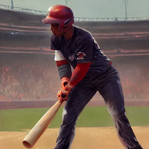 Image similar to baseball player hitting the ball with the baseball bat in the middle of the game and in front of everyone in the stadium, james gurney painting style, greg rutkowski, artstation