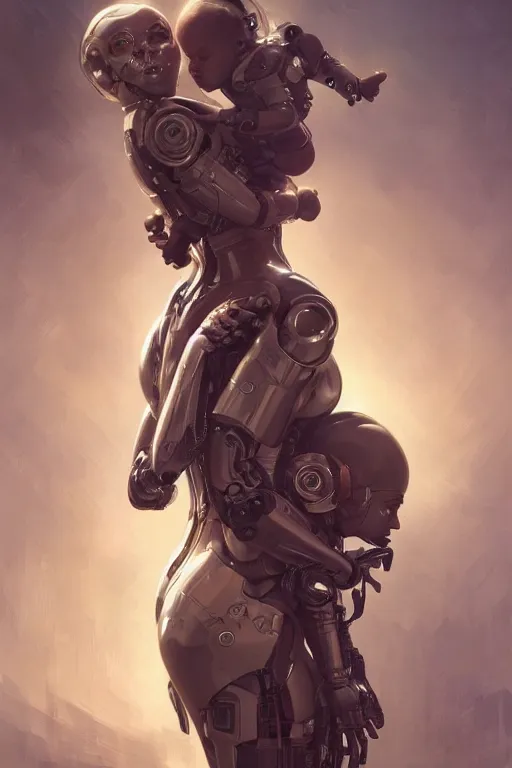 Image similar to ultra realistic illustration, robot woman carrying a human baby + face, cyberpunk, sci - fi, fantasy, intricate, elegant, highly detailed, digital painting, artstation, concept art, smooth, sharp focus, illustration, art by artgerm and greg rutkowski and alphonse mucha