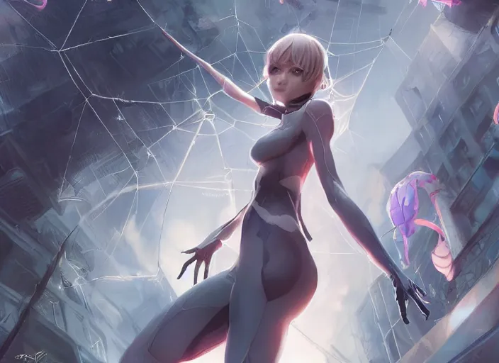 Prompt: ultra realistic illustration, anime spider! gwen!, intricate, elegant, highly detailed, digital painting, artstation, concept art, smooth, sharp focus, illustration, art by artgerm and greg rutkowski and by jordan grimmer, huge scene, and wlop