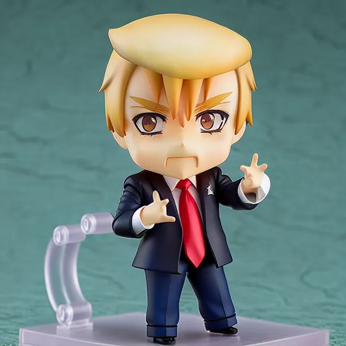 Prompt: An anime Nendoroid figurine of Donald Trump, fantasy, figurine , product photo