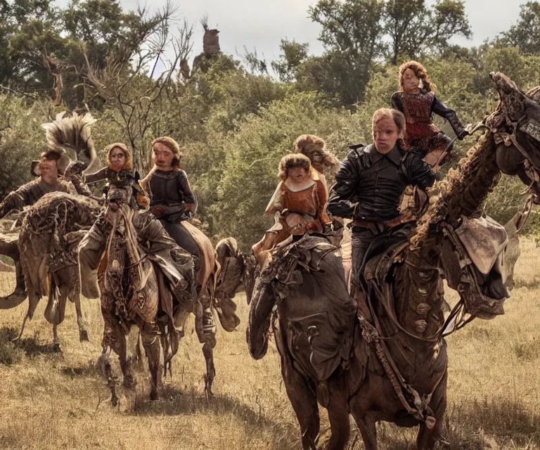 Image similar to 70mm still from a sci fi blockbuster movie made in 2022, set in 1860, of a family riding on the back of alien creatures, on an alien planet, across the alien landscape that is full of strange wild alien plants and flowers, family are wearing 1850s era clothes, good lighting, 8k, in focus faces, good quality photography