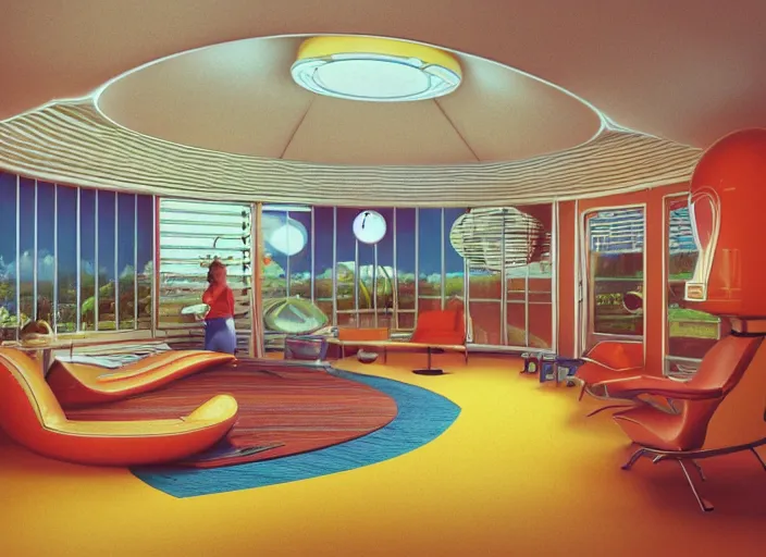 Prompt: a 1 9 7 0 s interior room googie architecture, highly detailed hyper real retro interior house, round windows, curved ceilings, retro futuristic, funky moon base interior lighting, artstation, octane, retro furniture, windows to city, television, retrocore, vray render 4 k by stanley kubrick, gerry anderson