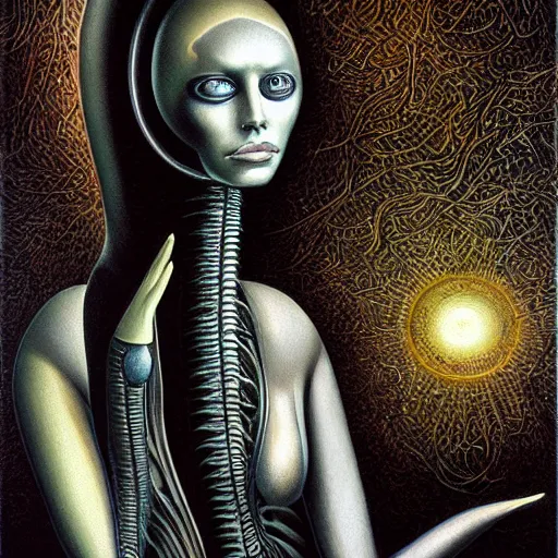 Image similar to portrait of a beautiful woman, alien, high detail, painting by hr giger