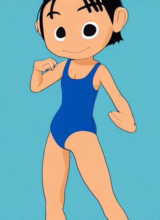 Prompt: a perfect professional digital sketch of a funny and cute Japanese young woman wearing one-piece sport swimsuit leotard, in style of Disney Pixar, CalArts