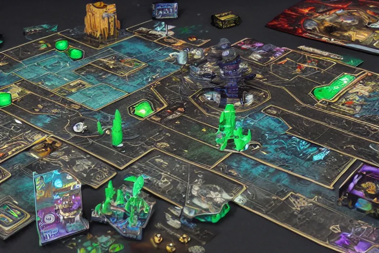 Prompt: an intricate 3D cyberpunk board game with figurines, cards and book around, beautiful illustrated map, photo realistic, artstation