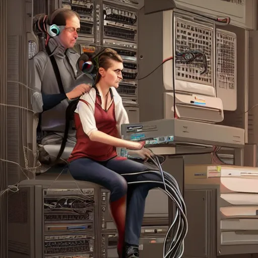 Image similar to illustration an it guy who is plugging a girl through cables to a computer and it cabinet. the girl looki like a mix of emma watson and scarlett johansson and nathalie portman, very details, by david rutkowski, by artgem