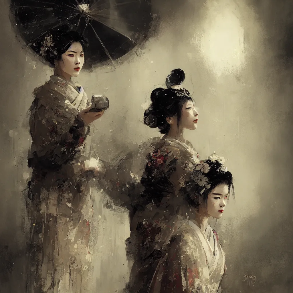 Image similar to female geisha girl, beautiful face, rule of thirds, intricate outfit, spotlight, by greg rutkowski, by jeremy mann