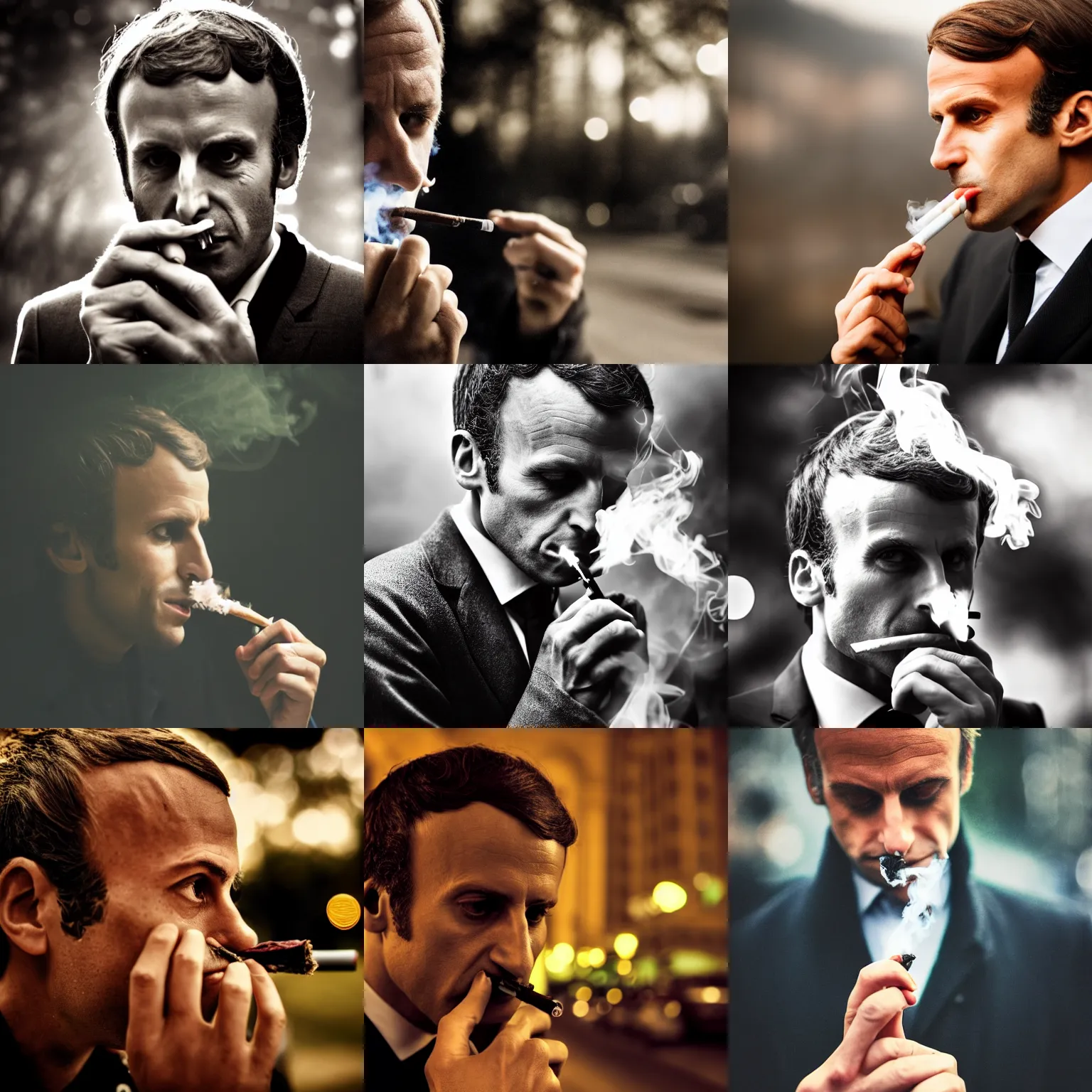 Prompt: emanuel macron smoking a joint, moody, cinematic colors, bokeh