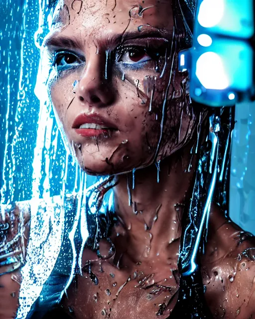 Prompt: photo of female dancer as a cyberpunk mecha humanoid robotic head shoulder parts with straight bright led lights, under a shower, wet skin with water dripping down face, ultra - realistic and detailed, 8 k
