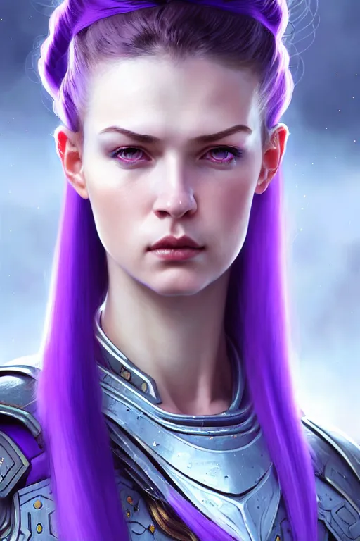 Prompt: alexey gurylev, close up portrait, young pale woman in sci - fi armor with purple ponytail hair, stoic, focused, powerful, d & d, fantasy, complex, elegant, highly detailed, digital painting, artstation, concept art, matte, clear focus, illustration, hearthstone, artgerm art, greg rutkovsky and alphonse mucha