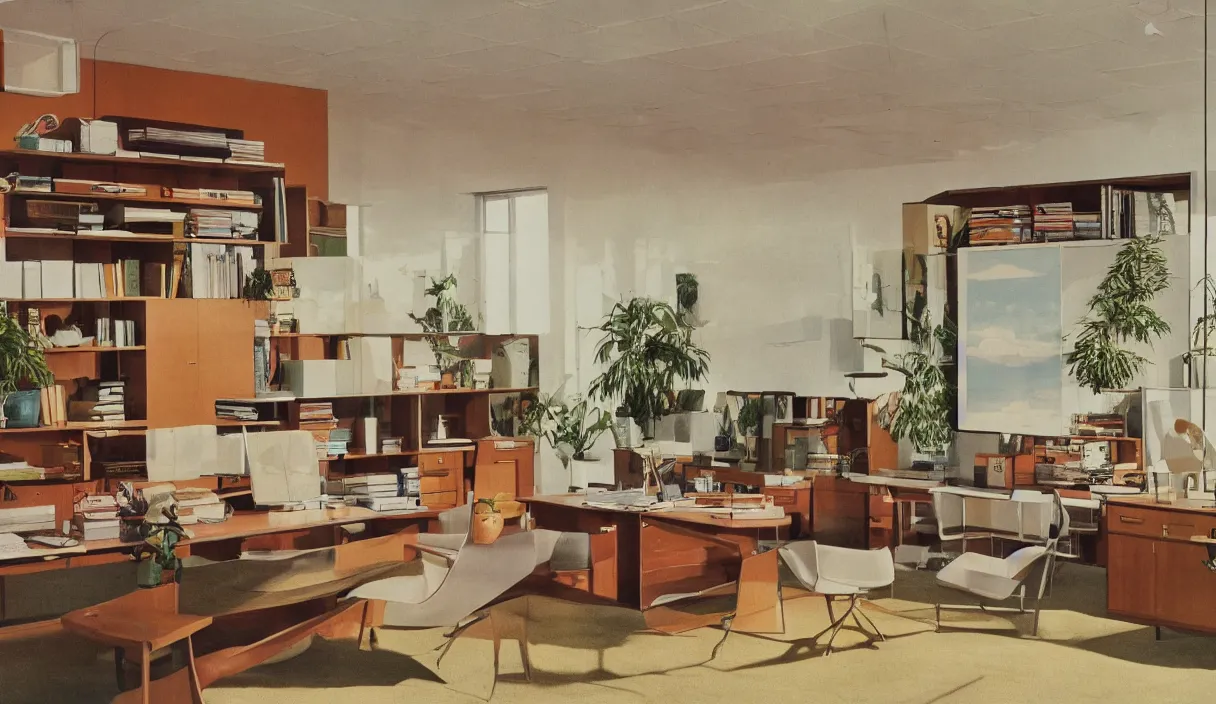 Prompt: a 7 0 s prisunic catalog with the indoor office of severance series ( 2 0 2 2 ), in color