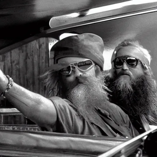 Image similar to ZZ Top sitting in back of a pickup truck bed in Mad Max Road Warrior, interior, screenshot, cinematic Eastman 5384 film