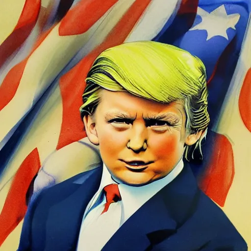 Prompt: photorealistic picture, by bob peak and alex ross, young donald trump propaganda poster, gouache and wash paints, fine details, fine intricate, fine facial proportionate, fine body proportionate, fine fix broken line, fine fix duplicate line, smooth focus, sharp details, bokeh, 4 k, fine 5 k details