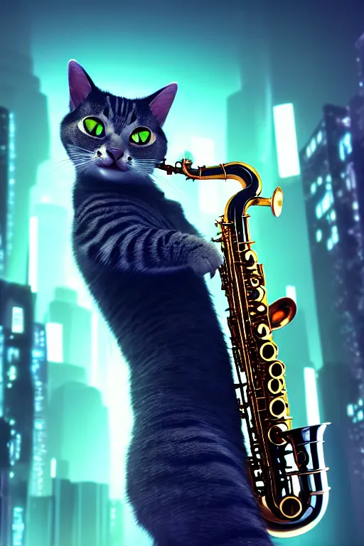 Image similar to high quality 3 d render very cute cyborg cat plays saxophone, cyberpunk highly detailed, unreal engine cinematic smooth, in the style of blade runner & pixar, hannah yata charlie immer, moody light, low angle, uhd 8 k, sharp focus